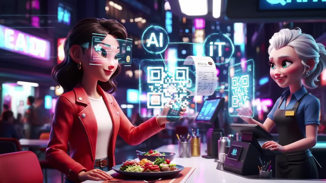 A young woman interacts with a digital payment device while ordering a meal at a stylish restaurant. The atmosphere is lively, showcasing neon lights and a bustling urban environment.