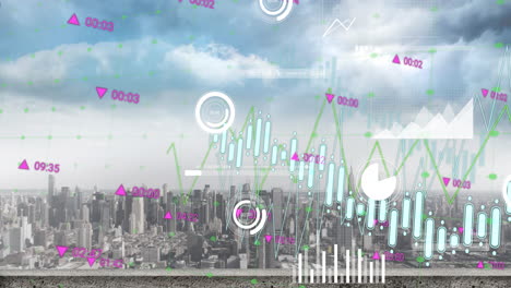 Animación-De-Gráficos-Y-Procesamiento-De-Datos-Sobre-Un-Paisaje-Urbano-Nublado