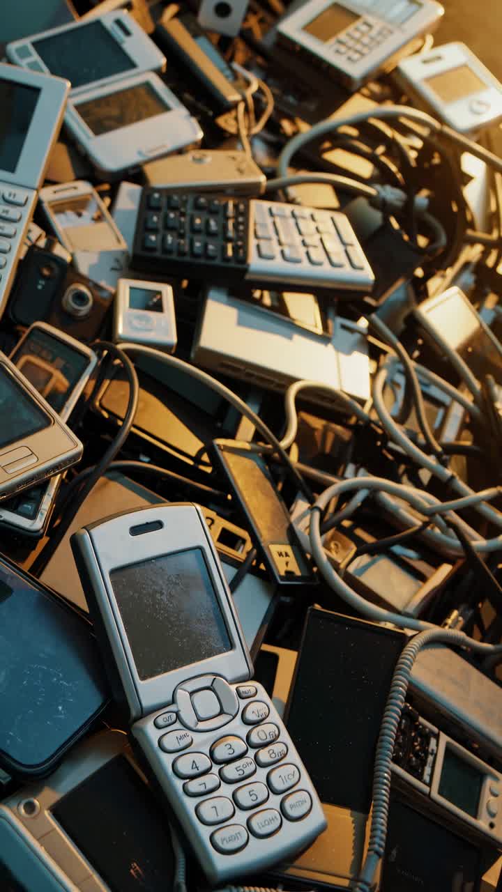 A high-angle shot of a pile of obsolete electronics, including phones and cables, conveying a retro