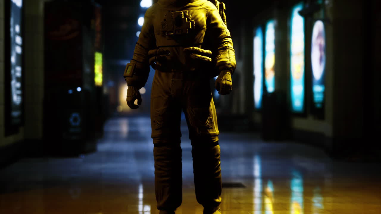 Spaceman figure illuminated by soft lights in a dim hallway
