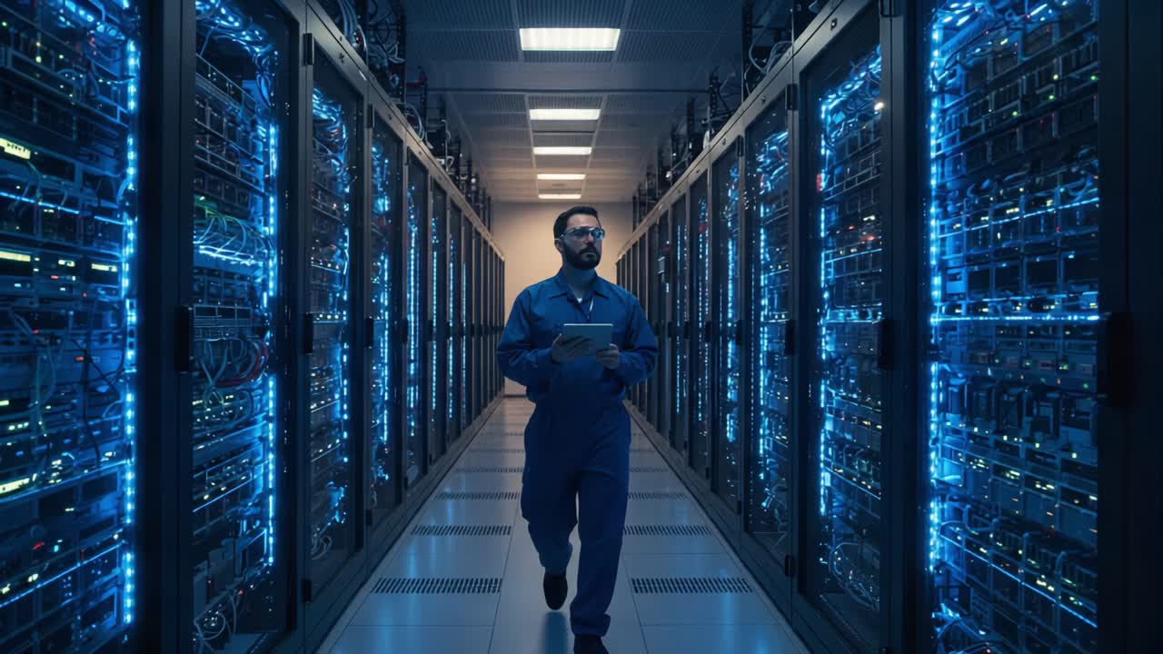 A Dedicated IT Professional Navigates Through a Dimly Lit Data Center, Monitoring Servers and Managing Vital Information with Precision and Care