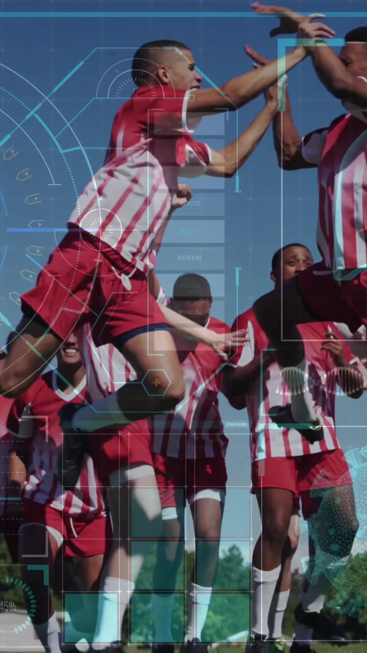 Animazione di schermo con dati biologici su diversi calciatori uomini che saltano di gioia