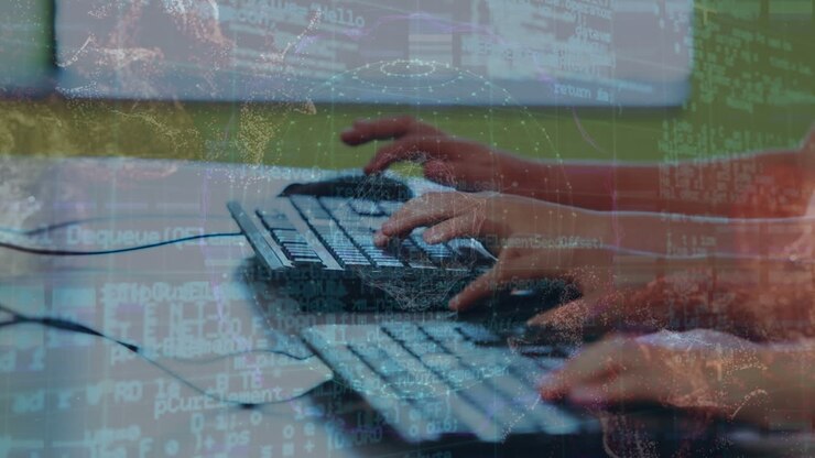Animação de processamento de dados sobre mãos usando computadores.