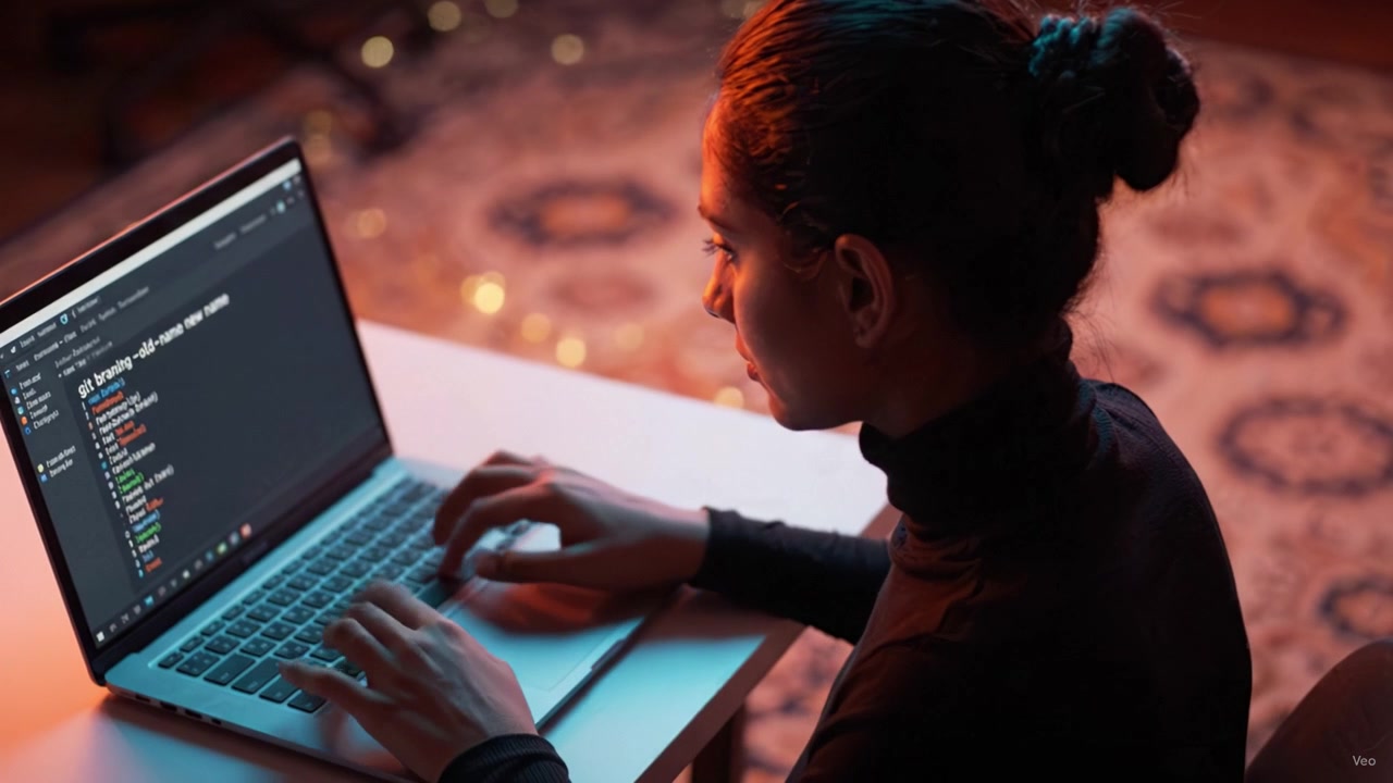A tech-savvy individual engaged in coding and programming on a laptop, immersed in their work in a cozy and well-lit environment, showcasing modern workspace aesthetics.