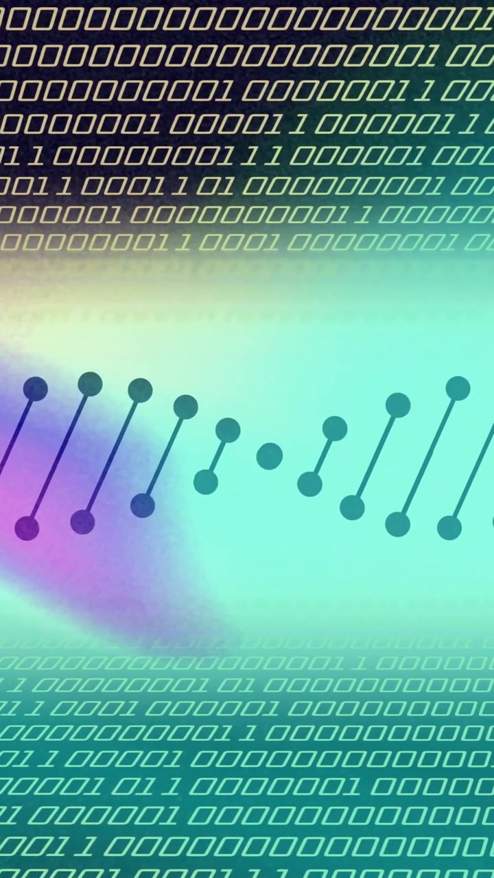 Animation of dna strand over data processing on colourful background