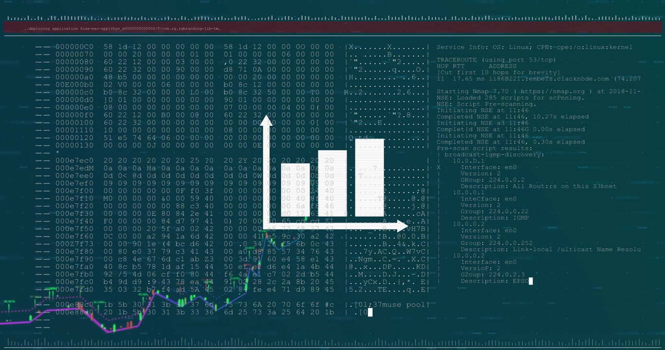 Animation of diagram and data processing on blue background