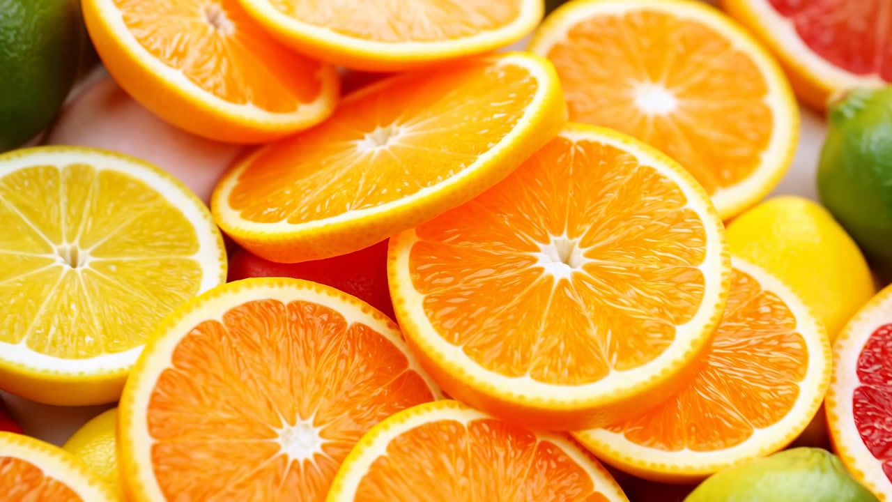Rodajas de naranja en primer plano transicionan a una vista aérea más amplia de cítricos variados, revelando limones amarillos, limas verdes y pomelos rojos con pulpa brillante y cáscaras texturizadas.