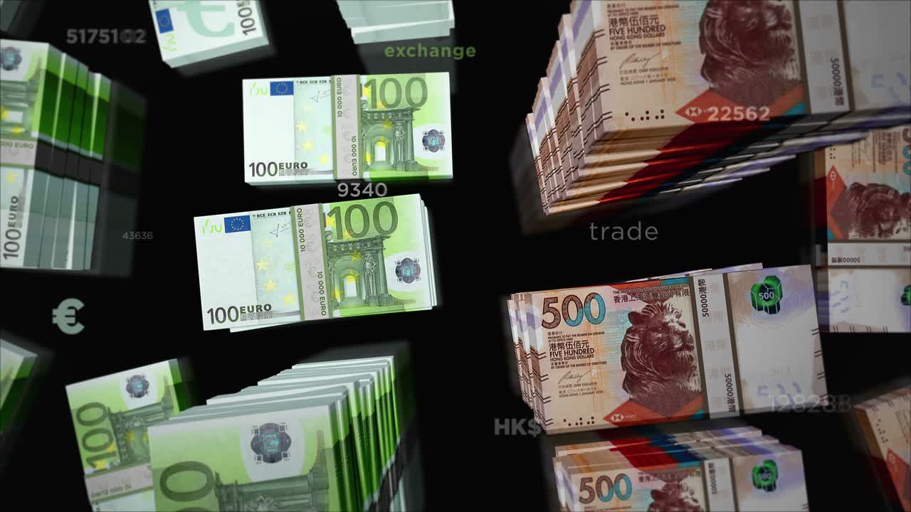 Euro and Hong Kong Dollar money exchange loop animation