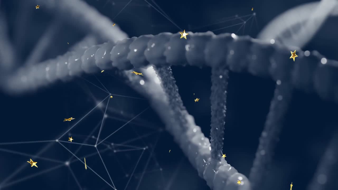 Upon start, rotating DNA helix drifting while golden stars swirling visualizing data network