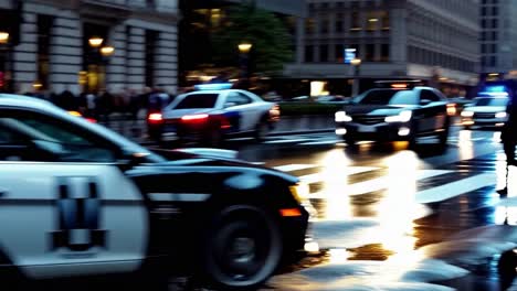 coche de policía en movimiento en una calle húmeda de la ciudad por la noche