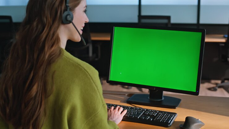 Nahaufnahme einer Büroangestellten am Computer vor einem Greenscreen. Service-Manager im Gespräch mit einem Kunden
