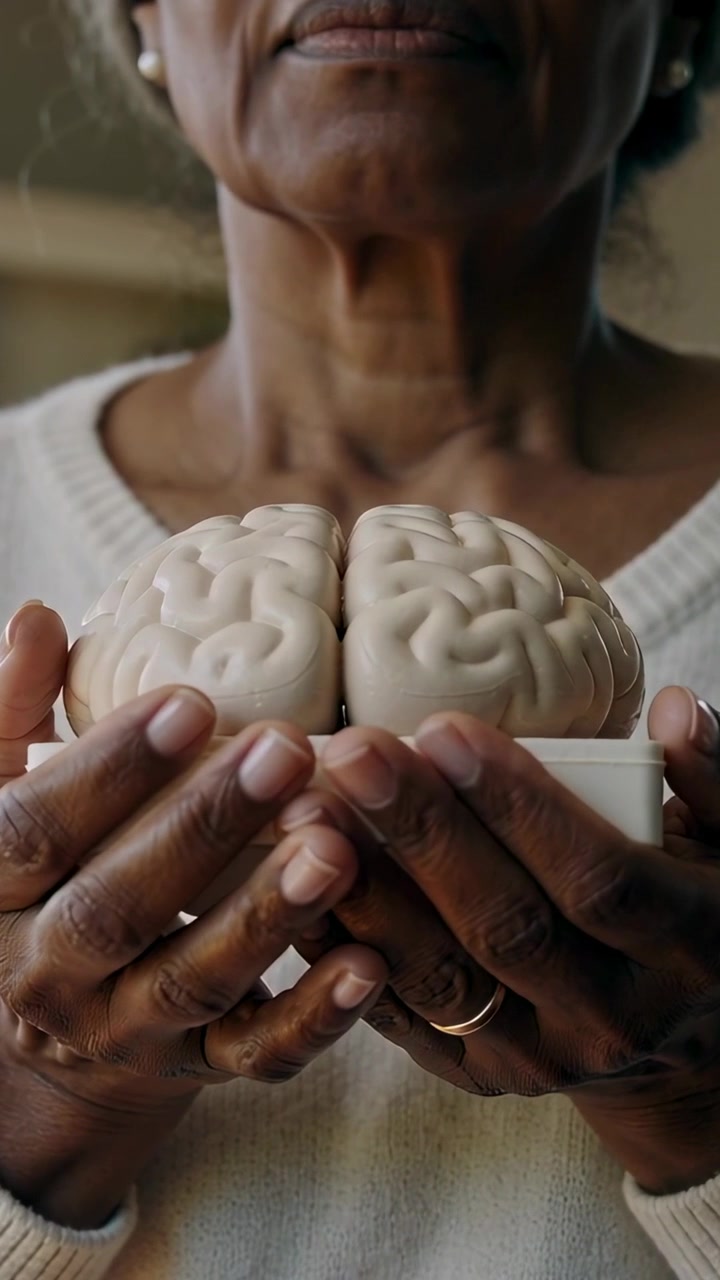 Vertical video: Camera starting tight, senior woman cupping brain model at home, presenting anatomy