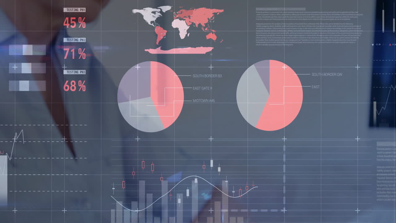Testing percentages and data charts animation over business professional in office