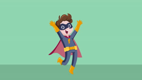 animation of caucasian boy wearing superhero costume icon on green background