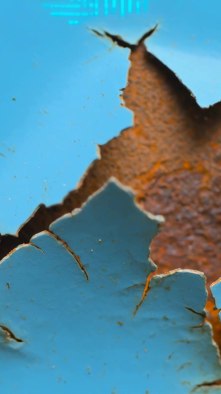 Vertical video: Shifting close-up revealing peeling light-blue metal, curled flakes exposing rust
