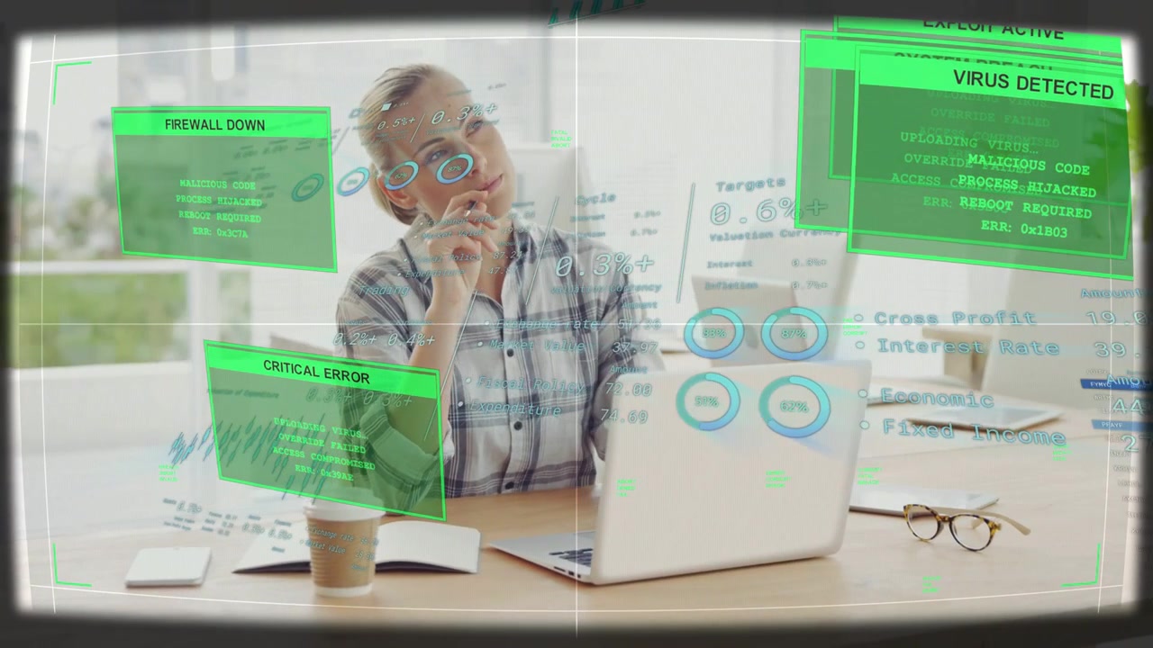 Woman typing laptop green HUD panels popping over screen pausing noting resuming cybersecurity work