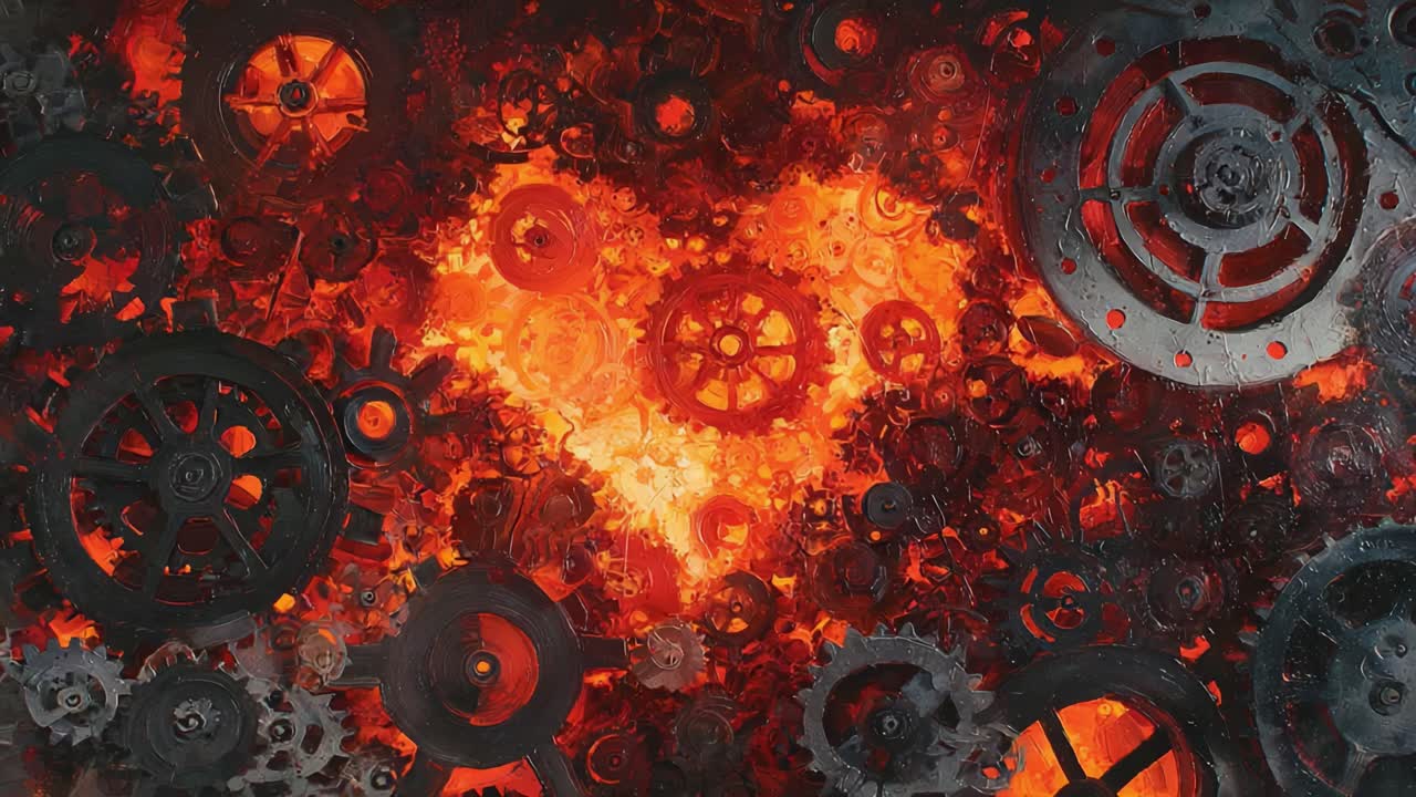An Explosive Fusion of Mechanical Elements and Fiery Colors: A Close-Up of Interlocking Gears Sculpting a Heart Shape in an Engaging Abstract Artwork