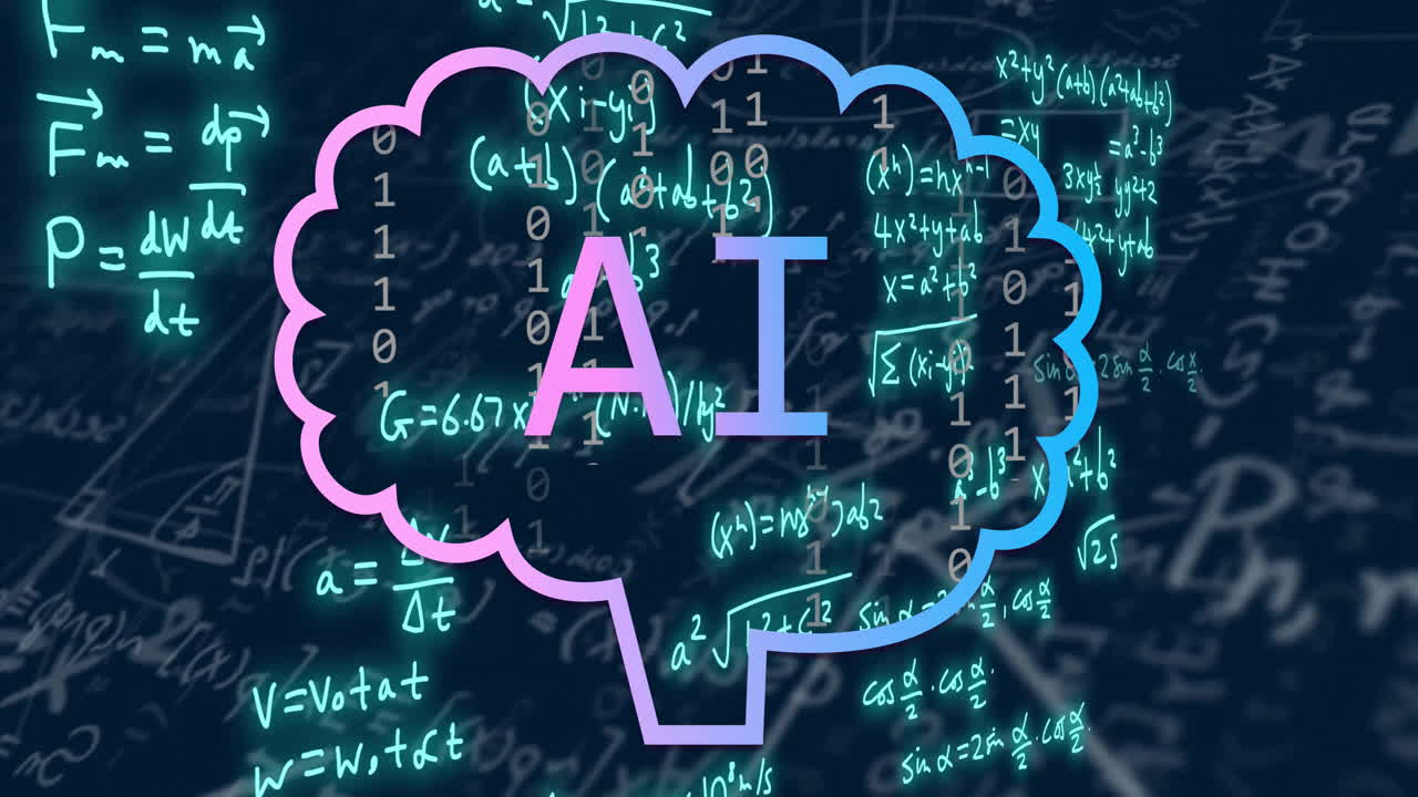 un texto dentro de la forma del cerebro sobre ecuaciones matemáticas animación
