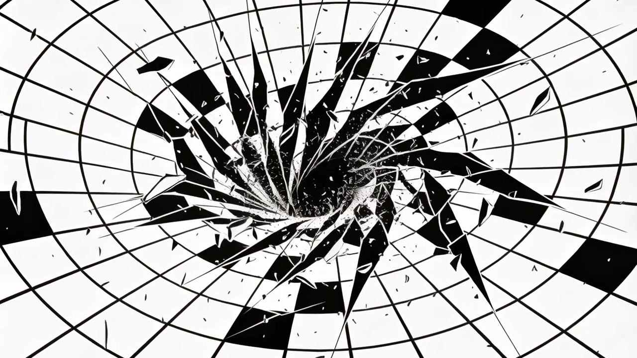 Vuoto che emerge al centro, scacchiera che si frattura con crepe radiali, frammenti che spiraleggiano verso l'interno.