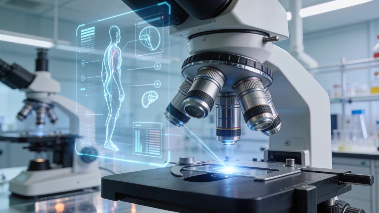 AR appearing microscope scanning turret rotating in lab with blue scan sweeping slide for diagnosis