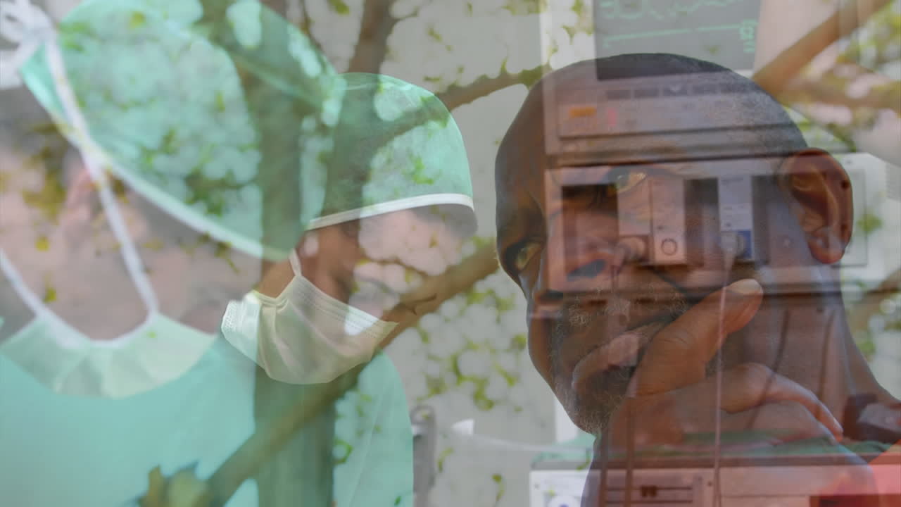 이 애니메이션은 코로나19 팬데 기간 동안 마스크를 착용한 의사들이 수술을 하는 것을 보여준다.