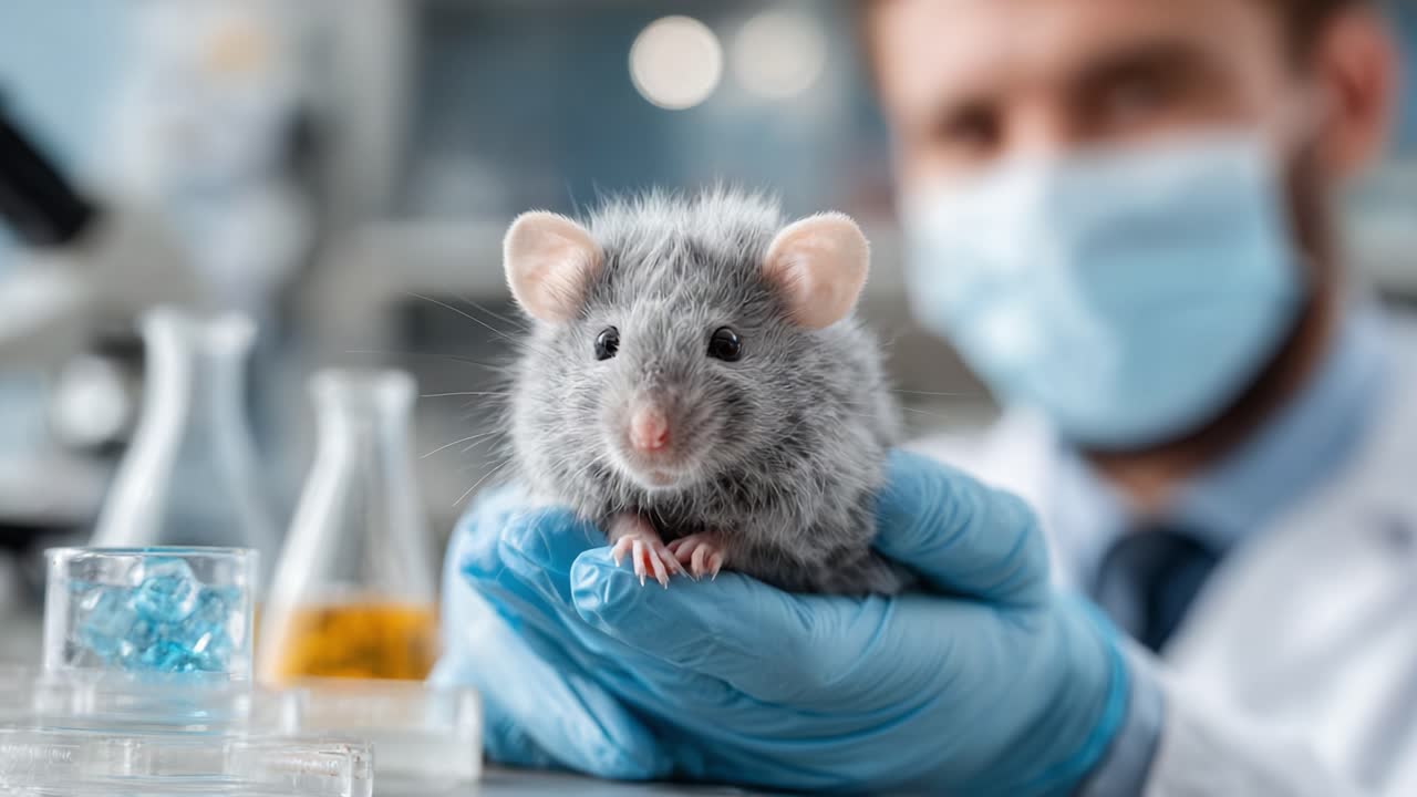 Close-Up of a Laboratory Mouse Held by a Researcher in Protective Gear Visualizing the Animal's Unique Characteristics in a Scientific Environment