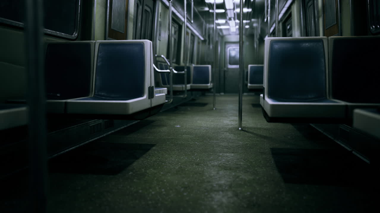 Empty subway car interior at night highlighting urban solitude and stillness