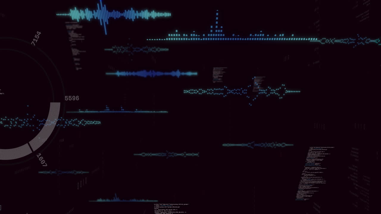 Animation of digital sound waves and data visualization on dark background