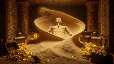 a mysterious ancient statue emerges from the sands, surrounded by glittering treasures in an enigmatic underground tomb, evoking a sense of wonder and discovery