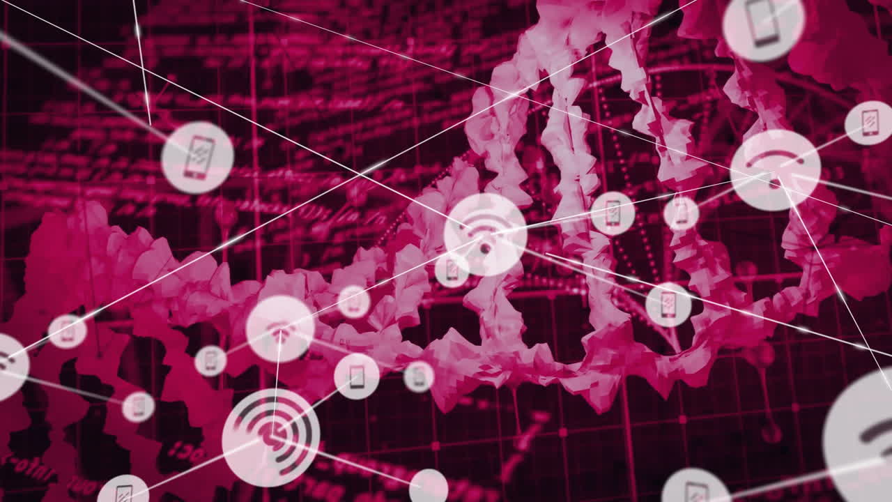 Animation of DNA strand with network icons over digital data grid in red tones