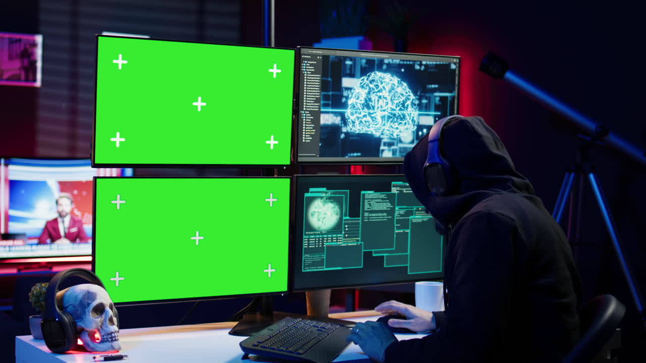 hacker ouvindo música enquanto usa pc de tela isolada e ai para roubar dados