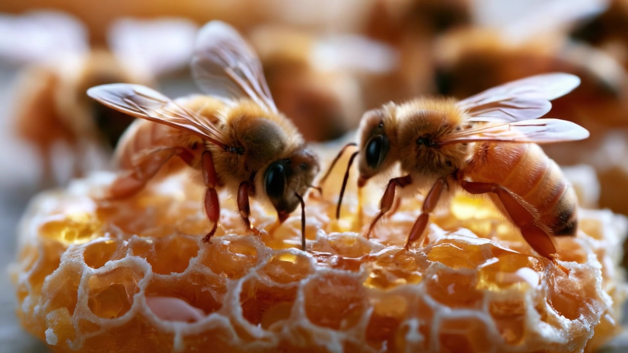 Un incontro ravvicinato con api mellifere che lavorano diligentemente su un favo, mostrando il loro ruolo intricato nella natura e nell'impollinazione.