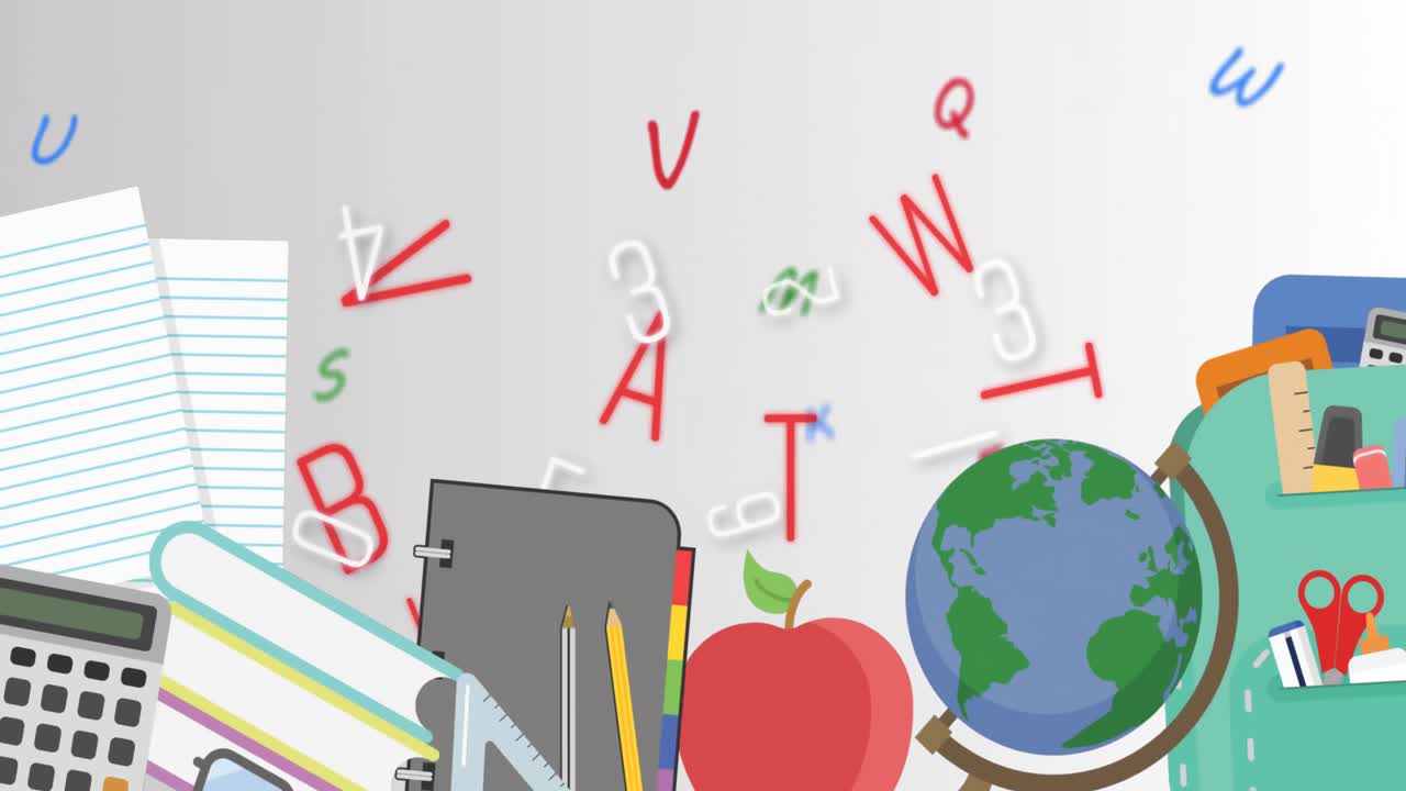 animación digital de iconos de conceptos escolares que se mueven contra múltiples números y alfabetos cambiantes