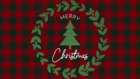 Feliz-Navidad-Con-Un-árbol-De-Navidad-Verde-Invernal-Sobre-Un-Patrón-De-Cuadros-Rojos.