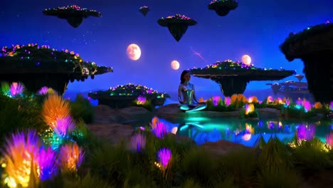 a serene woman meditating on floating islands in a neon fantasy world