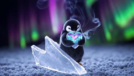 cute penguin holding a glowing heart in front of the northern lights