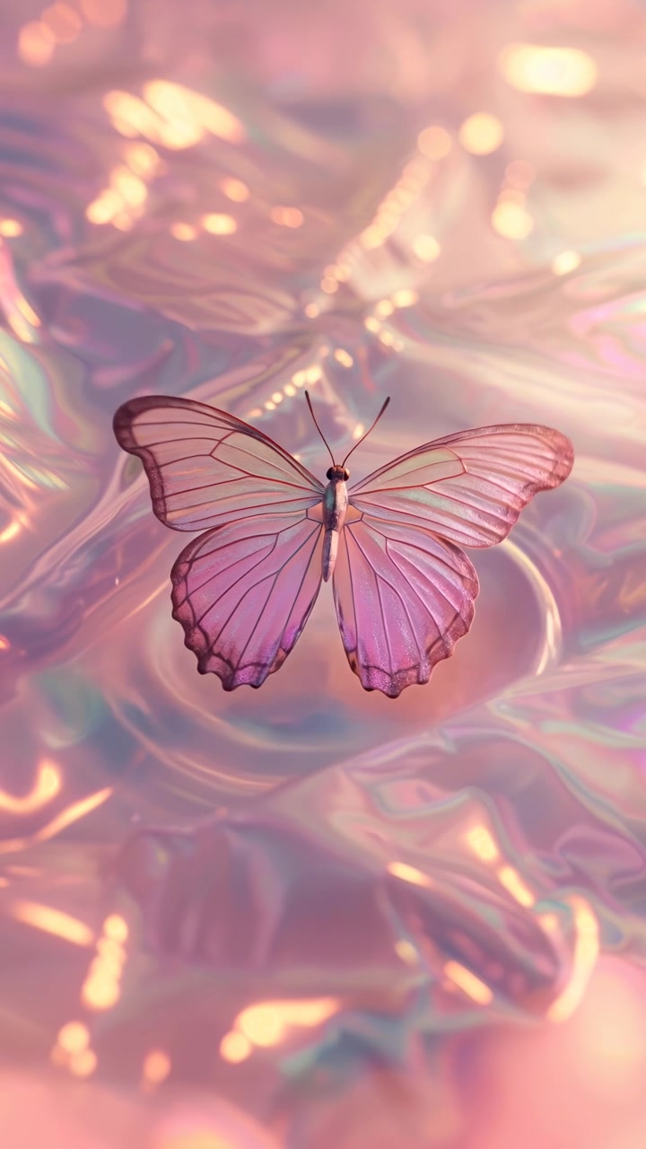 Mariposa rosa revoloteando sobre una superficie líquida iridiscente