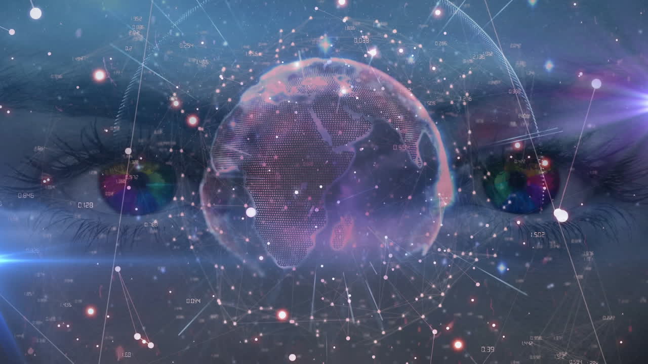 여성 눈의 클로즈업에 대해 회전하는 지구에 대한 연결 네트워크의 디지털 애니메이션