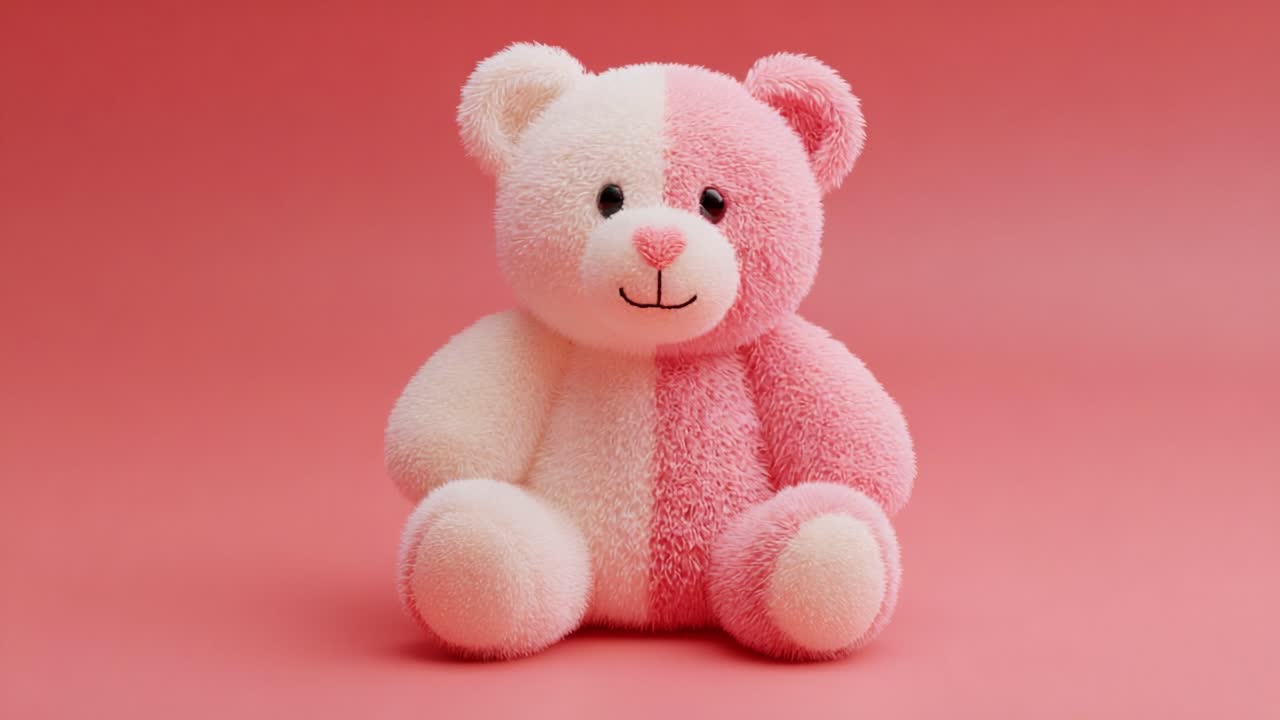 A Charming Pink and White Teddy Bear with Soft Textures Against a Pink Background, Perfect for Adding a Touch of Cuteness to Any Space or Gift Collection
