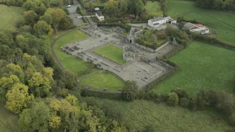 aerial view of an ancient abbey ruins