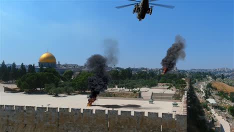 jerusalem al aqsa mosque plaza with smoke and army helicopter, aerial