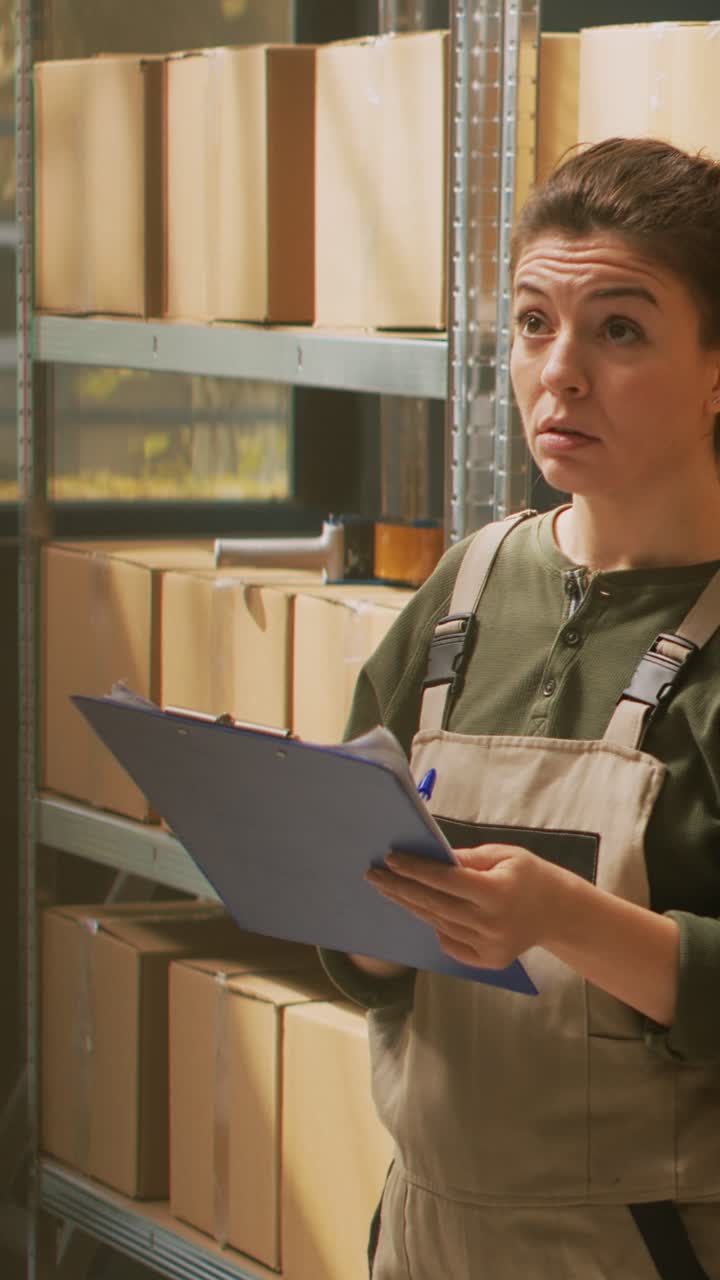 Video verticale: donna che esamina la lista di stock della logistica