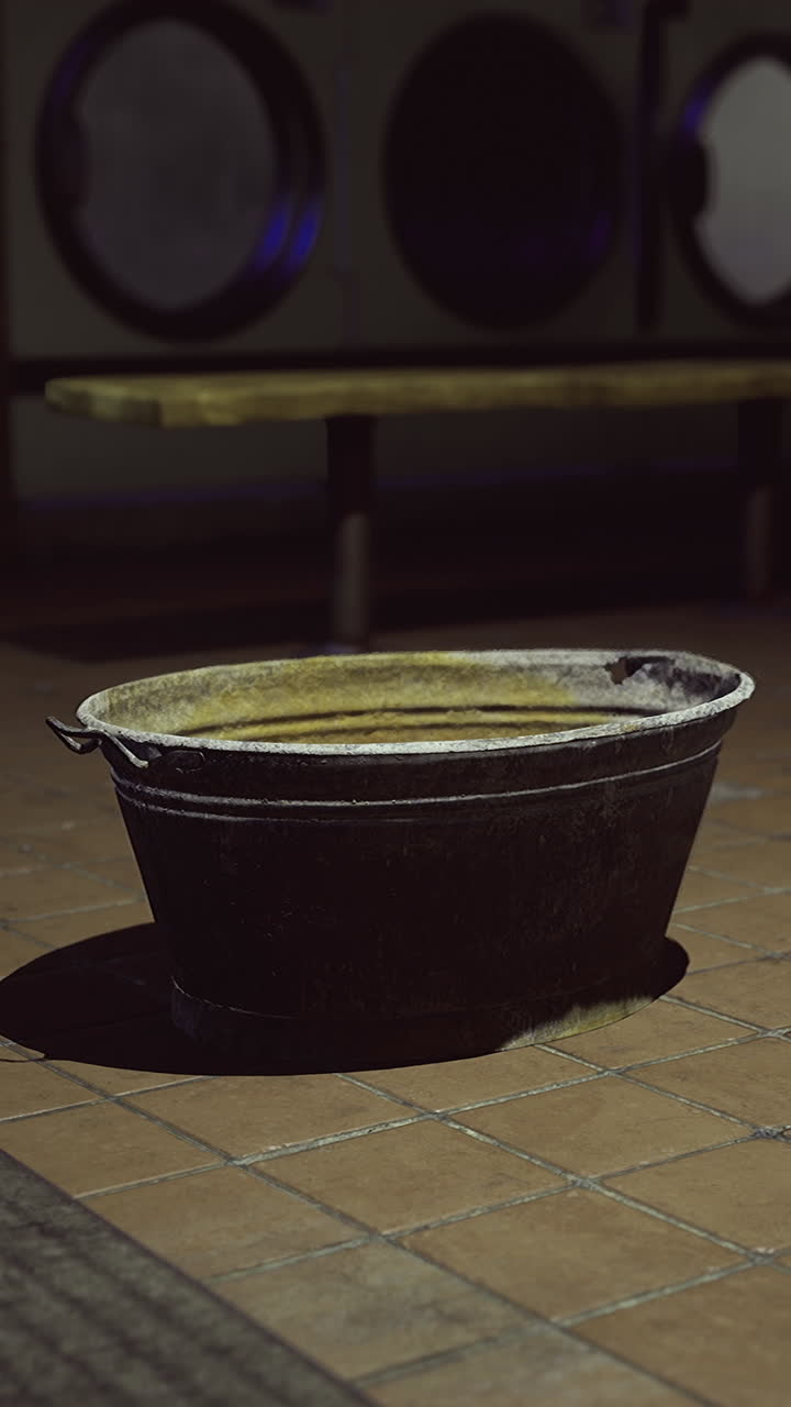 Empty black basin in dimly lit laundromat at night
