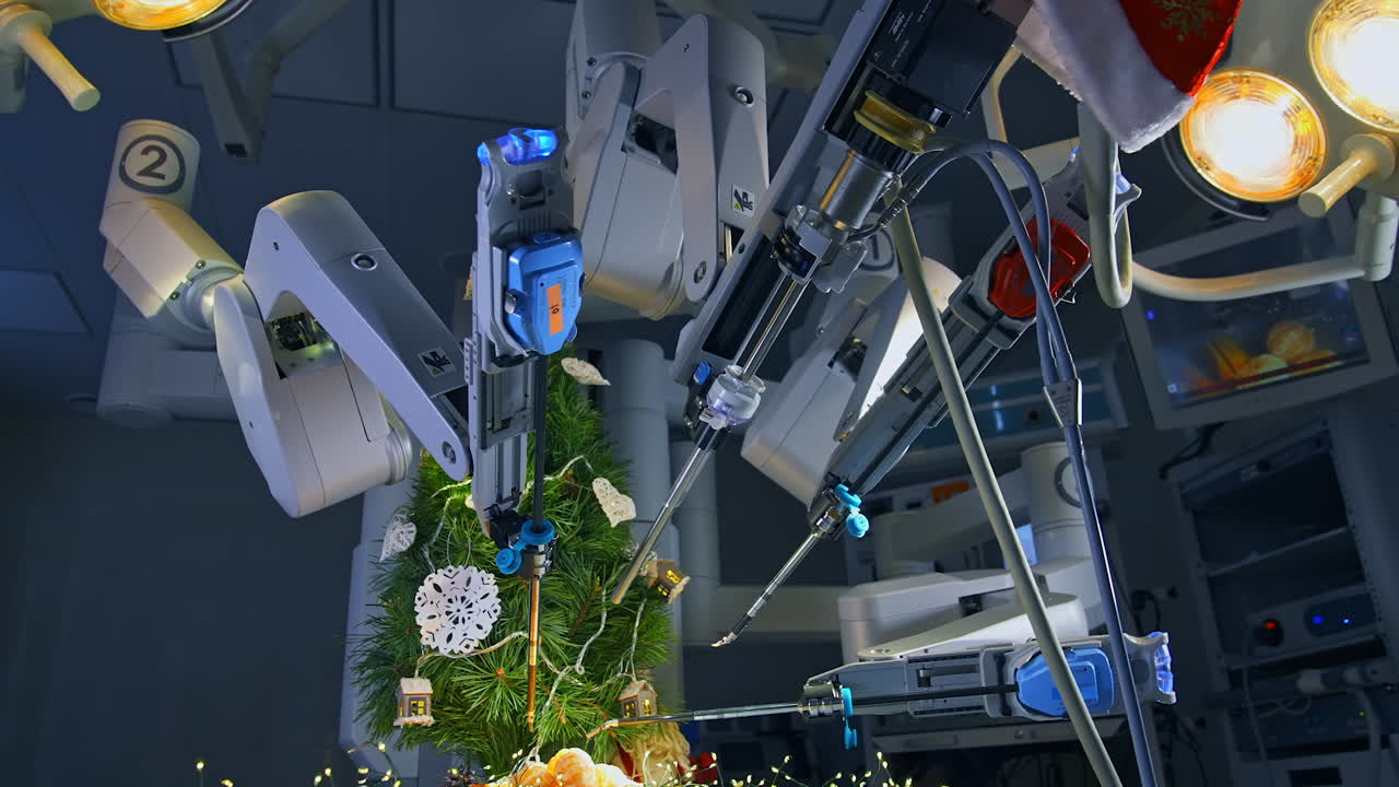 Fantastic work of innovative surgical equipment to decorate New Year tree. Da Vinci robotic arms moving and decorating Christmas tree on the operating table. View from below.
