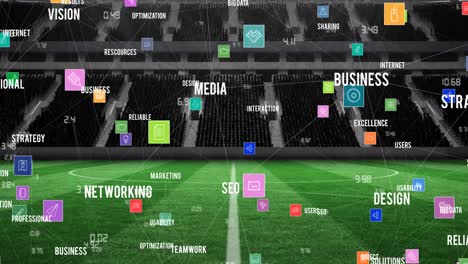 Animation-of-network-of-connections-and-text-over-empty-stands-in-sports-stadium