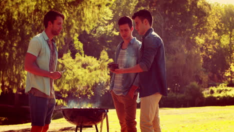 tres amigos en el parque haciendo una barbacoa