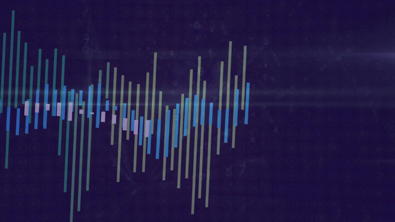 Bars appearing left side, oscillating and emerging to center, shifting hues, visualizing audio wave