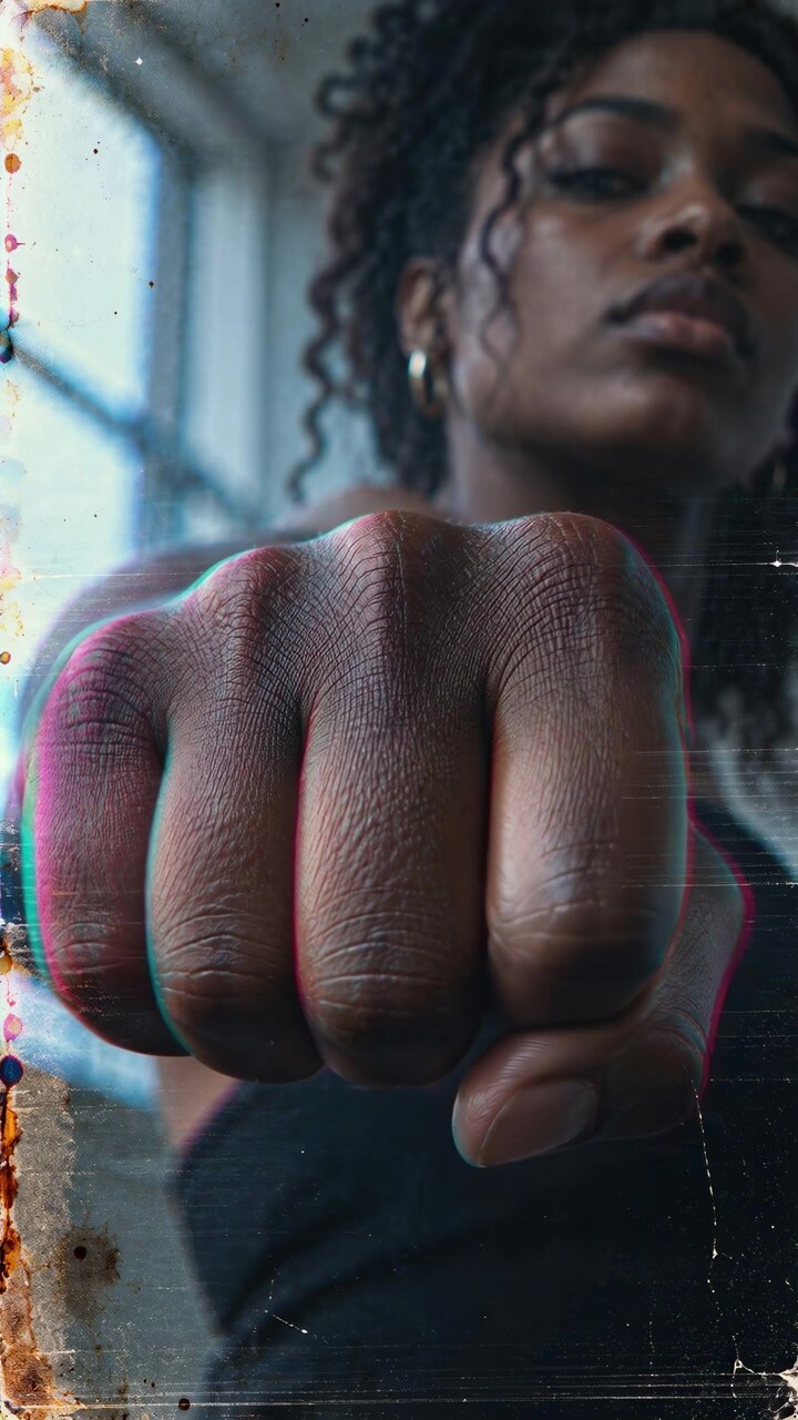 Fingers shift slightly while extended fist fills foreground, with softly blurred face and curls behind, blue window light at left, cyan and magenta edges, and distressed surface texture.