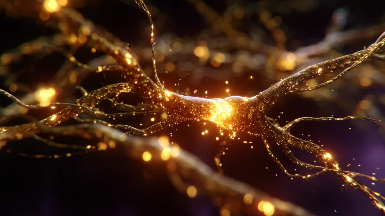 An Intricate Look at the Mystical Gold-Flecked Neurons: A Stunning Visual Exploration into the Complex World of Neural Connections Illuminated by Sparkling Light Effects