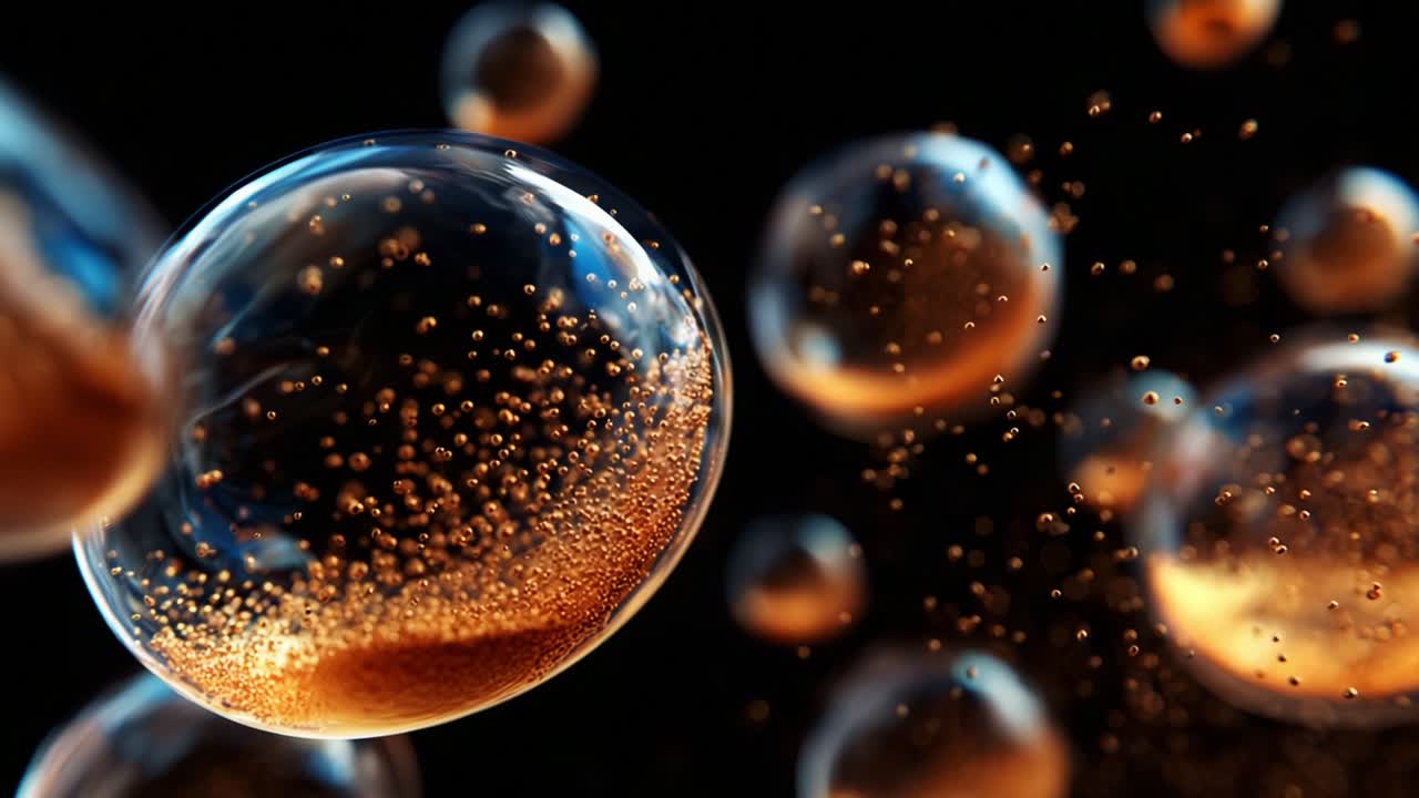 A mesmerizing close-up view of floating bubbles encapsulating shimmering golden liquid, showcasing intricate details of bubbles and their glimmering textures against a dark backdrop